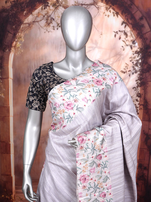 Off-White and Light Grey with Floral Printed Munthi Dola Silk Saree