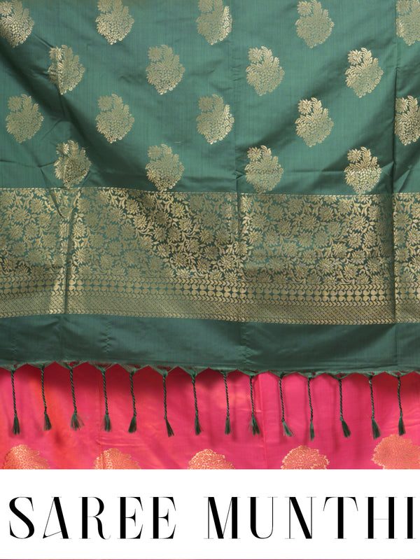 Peach - Pink with Bottle Green Semi Silk Saree