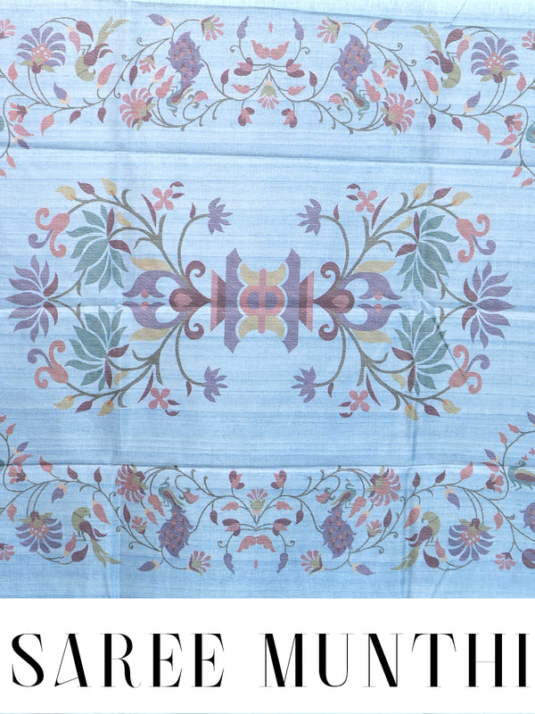 Ice Blue with Multicolor Floral Pallu - Semi Tussar Saree