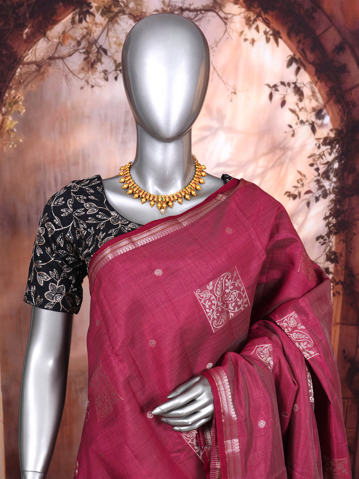 Magenta with Silver Zari - Semi Tussar Saree