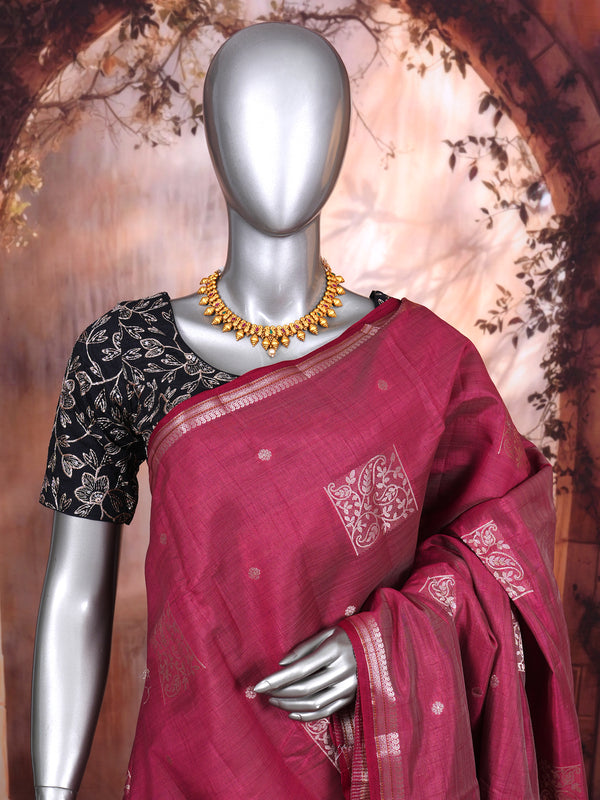 Magenta with Silver Zari - Semi Tussar Saree