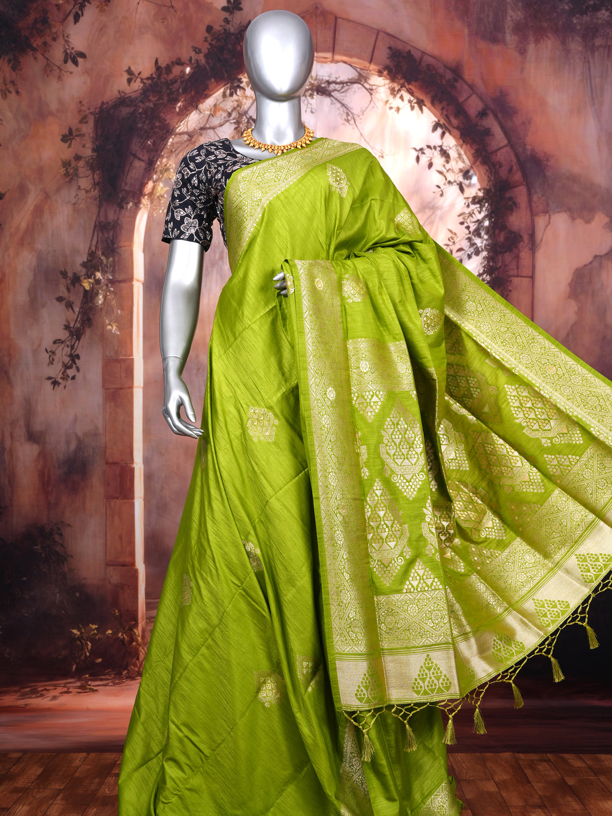 Lime Green with Gold - Semi Tussar Saree