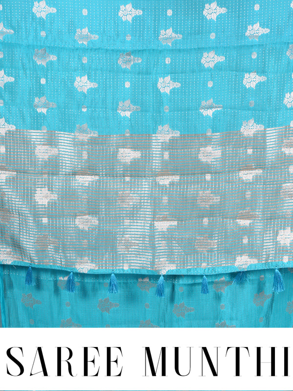 Turquoise Blue with Silver - Semi Tussar Saree