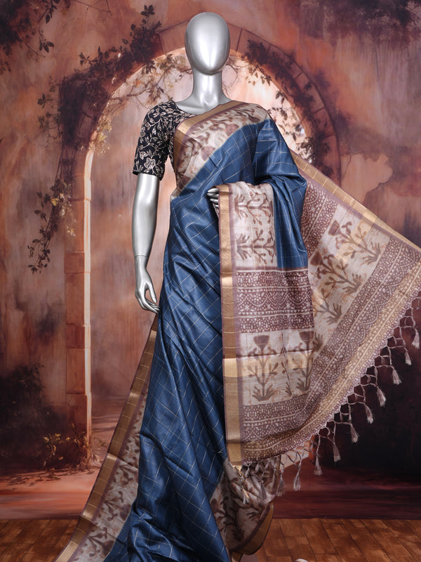 Steel Blue with Beige Kalamkari Munthi Dola Silk Saree