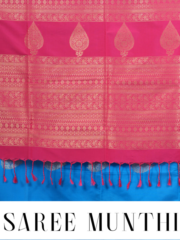 Sky Blue With Pink  Semi Silk Saree