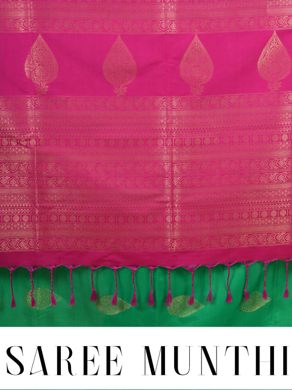Leaf Green with Rani Pink Semi Silk Saree