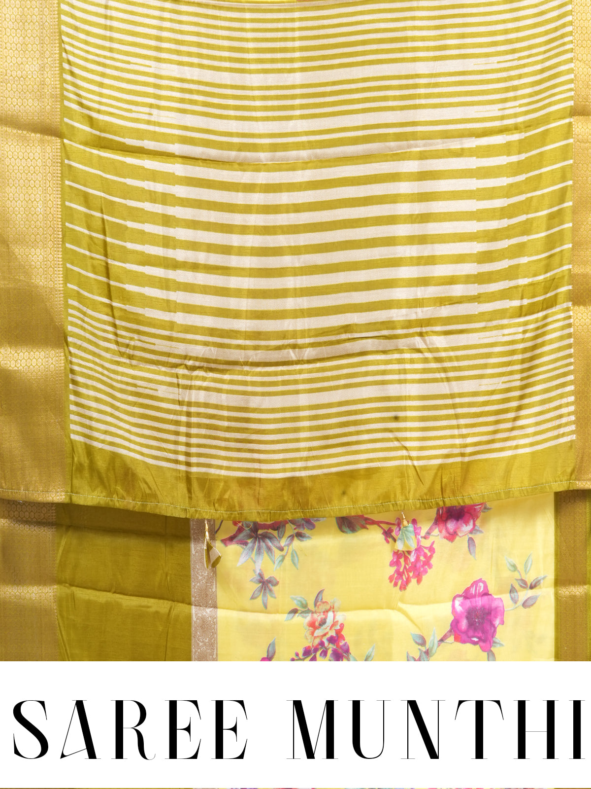 Lemon Yellow with Olive Green - Semi Raw Silk Saree