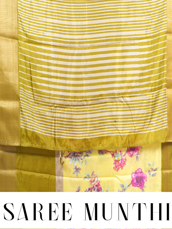 Lemon Yellow with Olive Green - Semi Raw Silk Saree