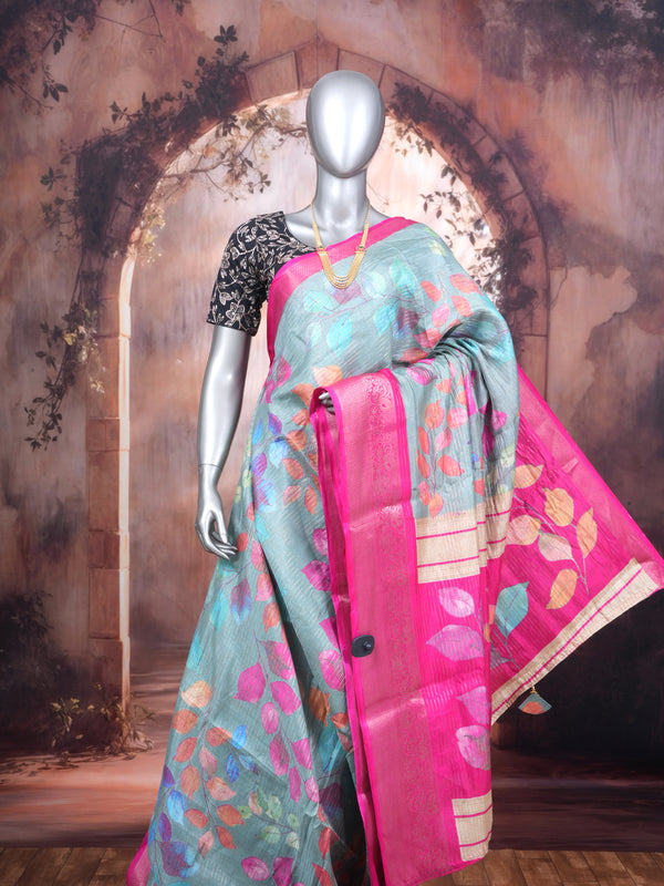 Sea Green with Rani Pink - Semi Raw Silk Saree