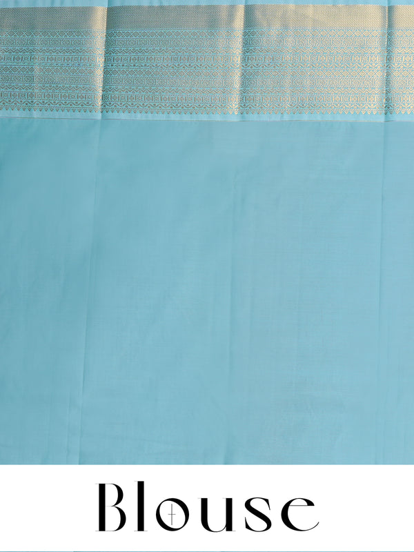 Red Saree with Sky Blue Kanchipuram Fancy Silk Saree