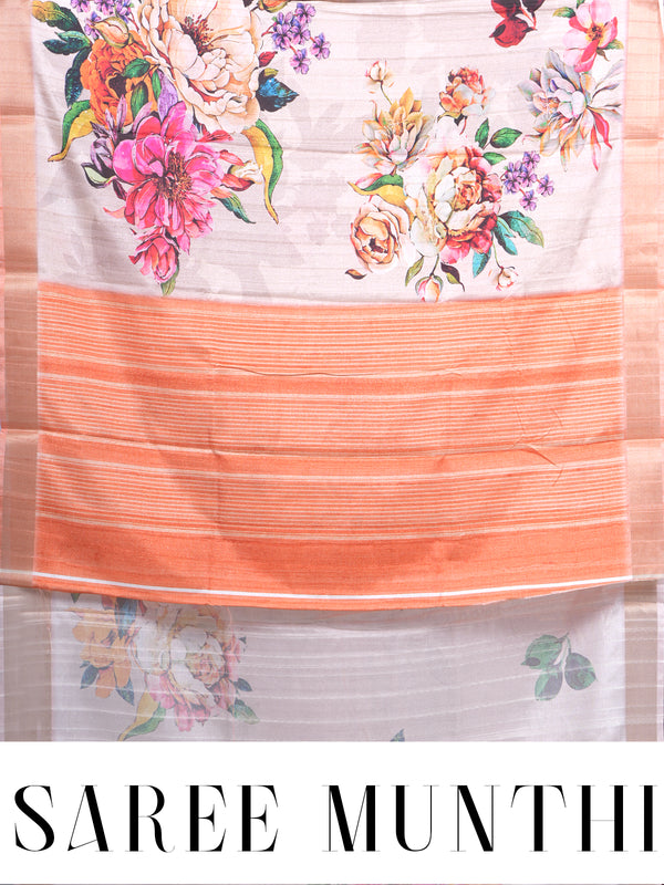 Cream with Peach - Semi Tussar Saree