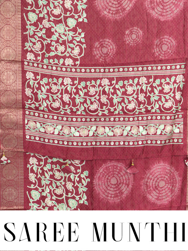 Wine Crimson with Silver Mint Pallu - Semi Raw Silk Saree