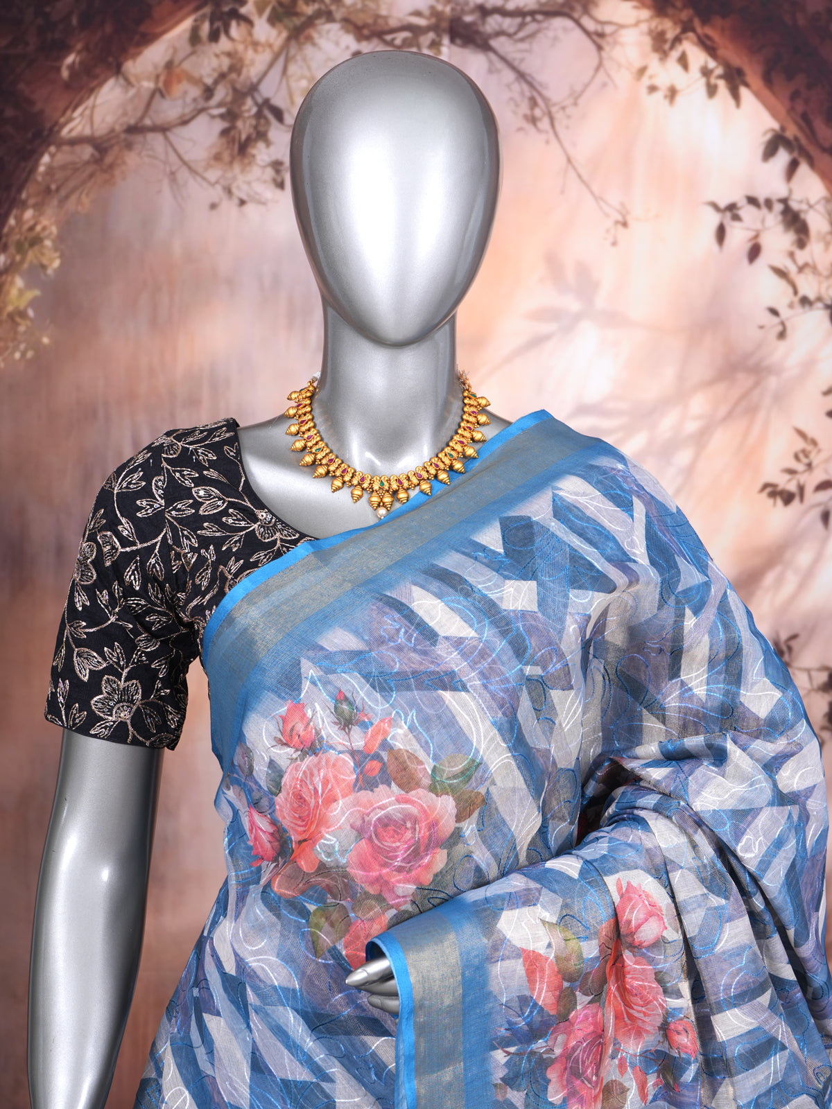 Steel Blue with Pink Floral - Linen Cotton Saree