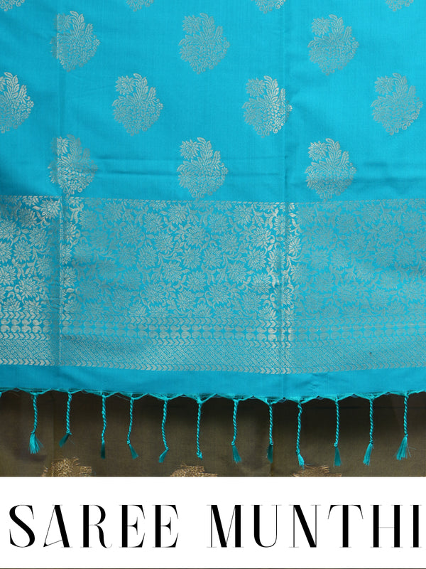 Olive Green with Peacock Blue Semi Silk Saree