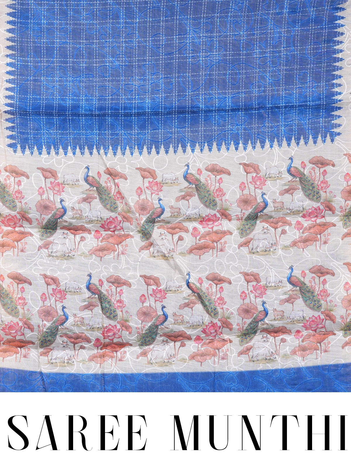 Royal Blue with Off-White Floral - Linen Cotton Saree