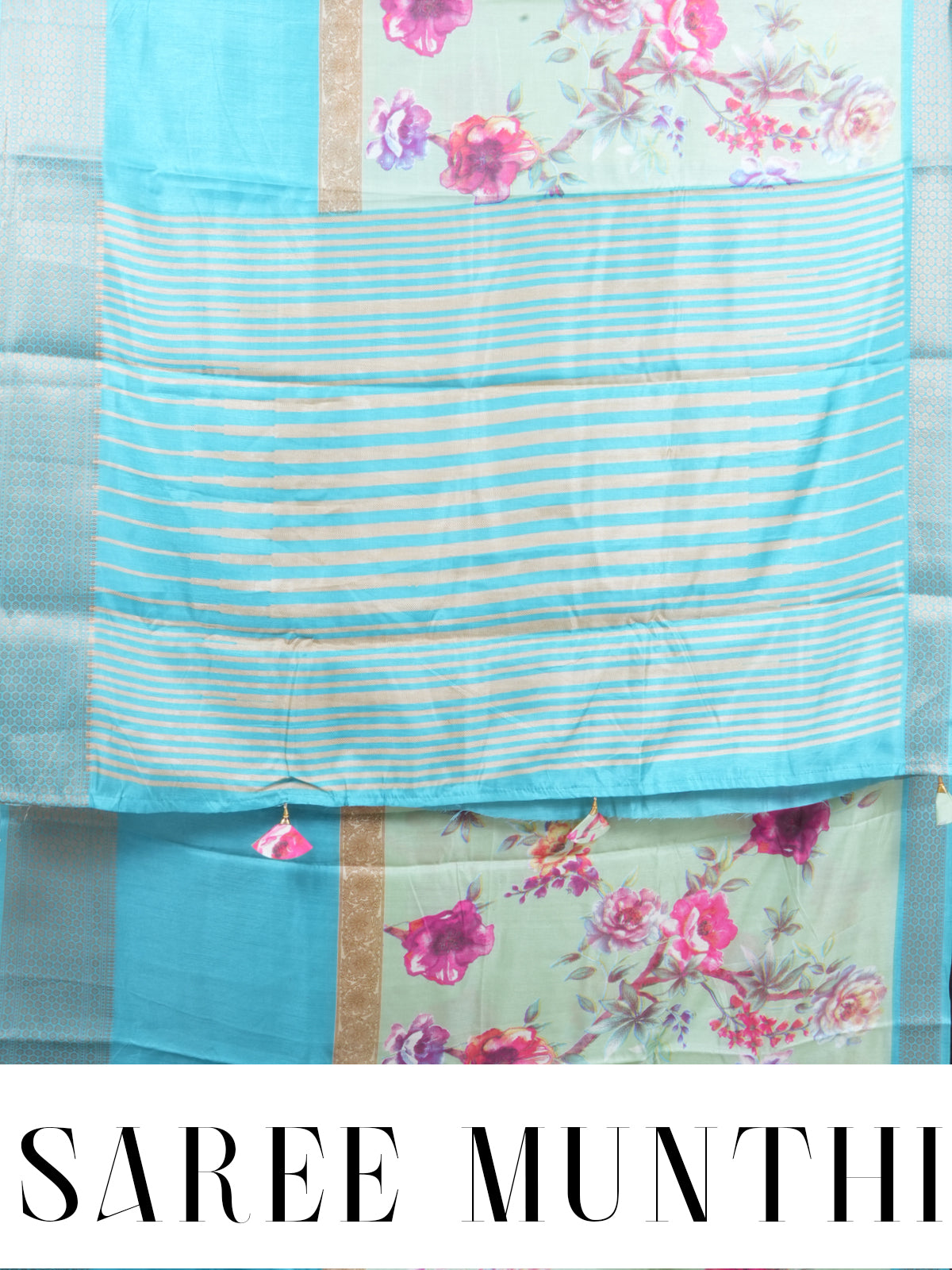 Mint Green with Sky Blue - Semi Raw Silk Saree