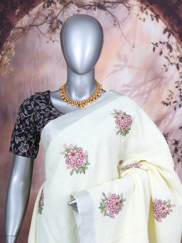 Off-White with Silver - Linen Cotton Saree