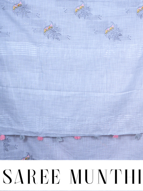 Ice Blue with Soft Silver - Linen Cotton Saree