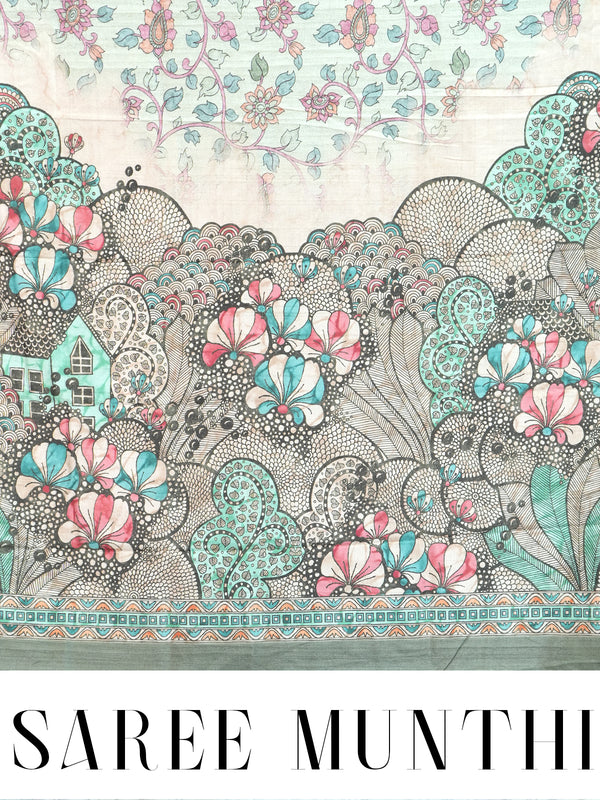 Cream with Sage Green - Semi Tussar Saree