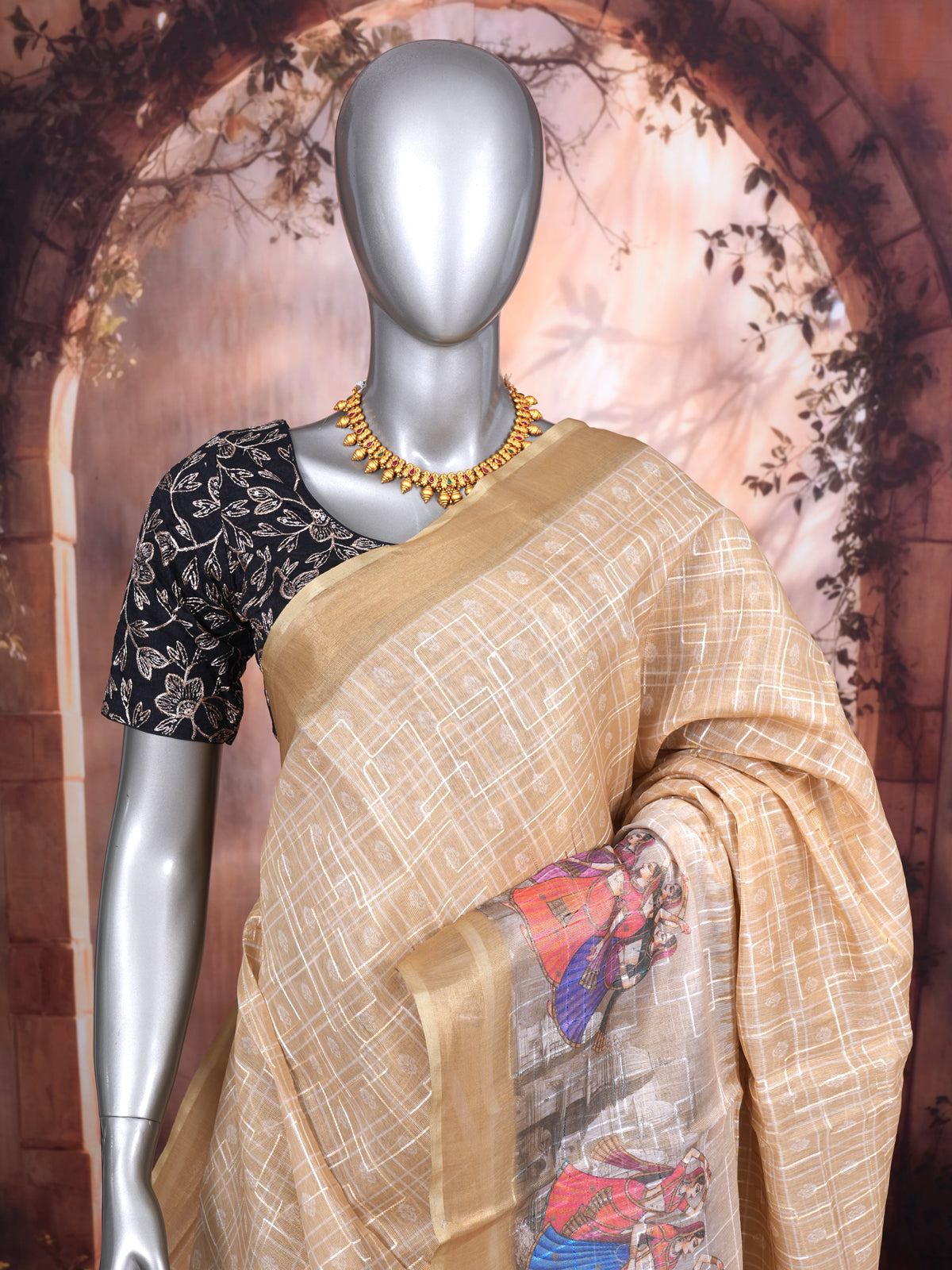 Beige with Multicolor Pallu - Linen Cotton Saree