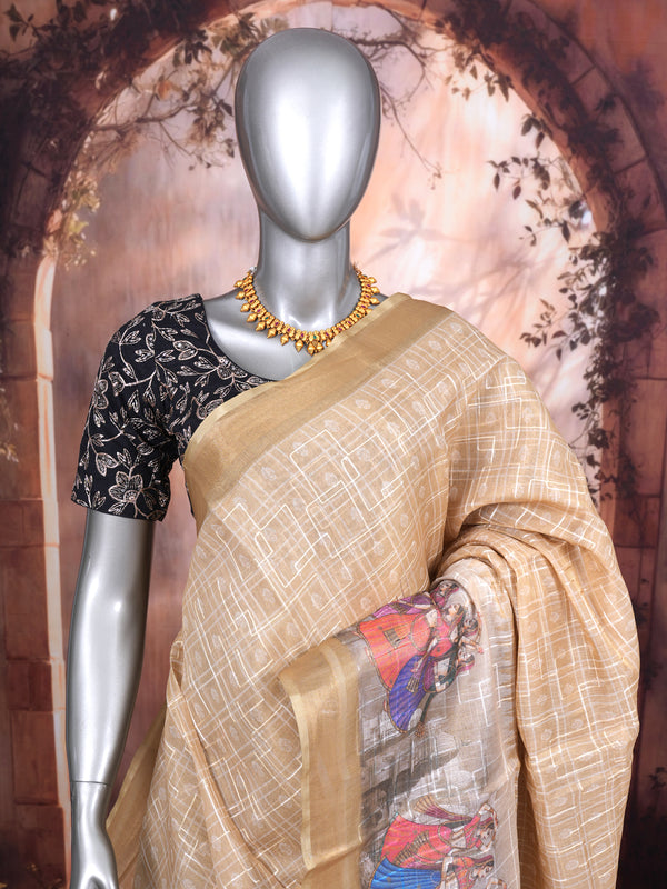 Beige with Multicolor Pallu - Linen Cotton Saree