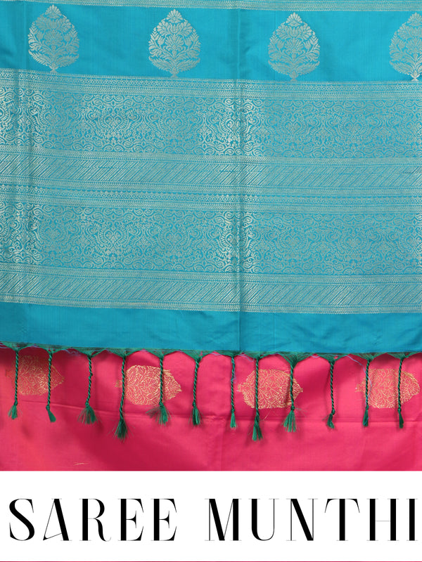 Peach-Pink With Teal Blue Semi Silk Saree