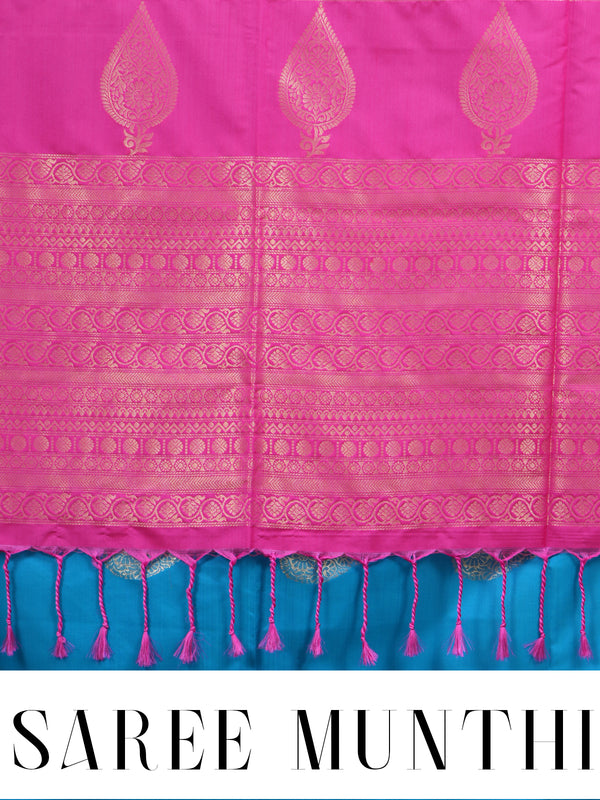 Peacock Blue With Pink Semi Silk Saree