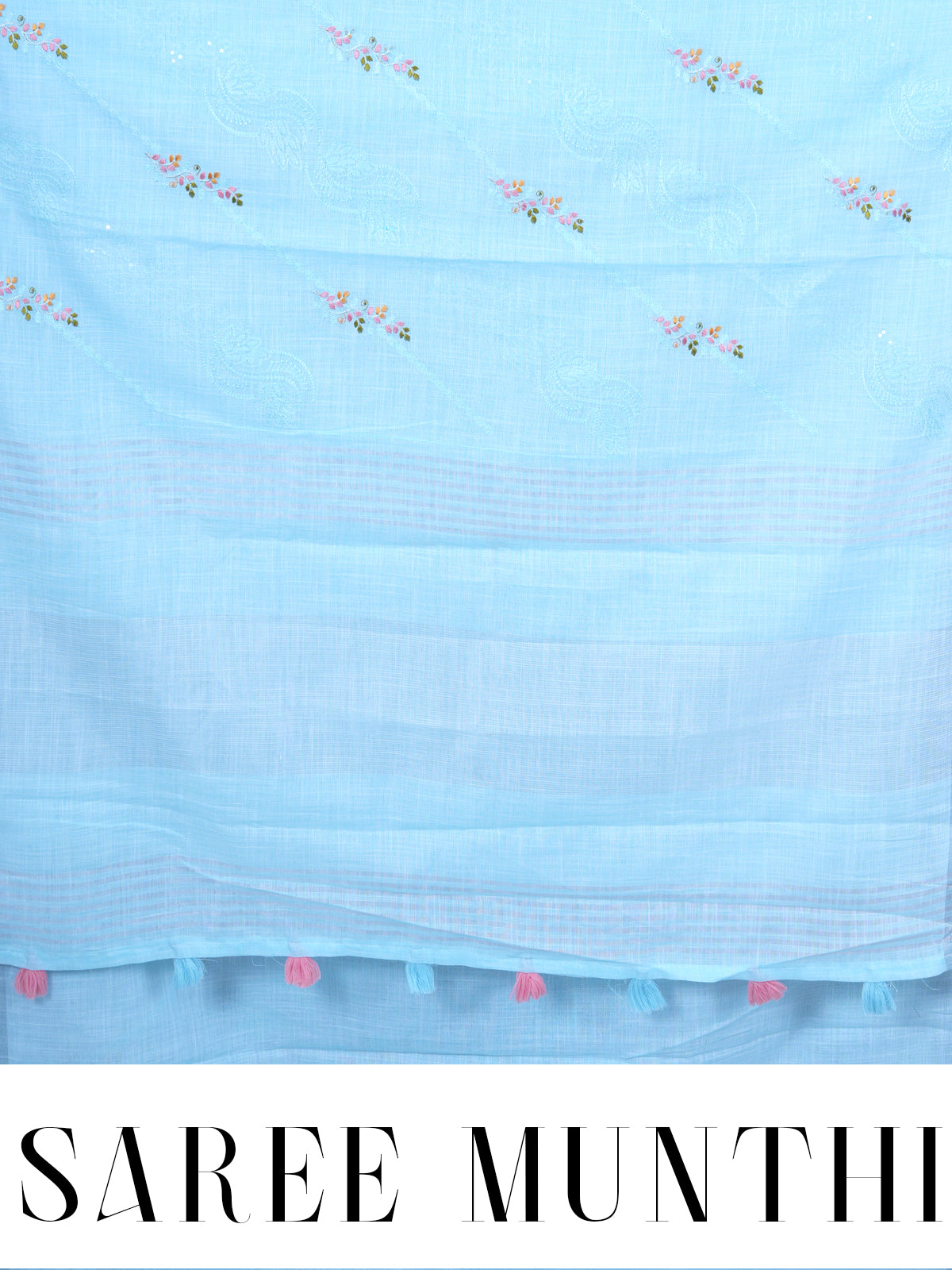 Sky Blue with Silver White Pallu - Linen Cotton Saree