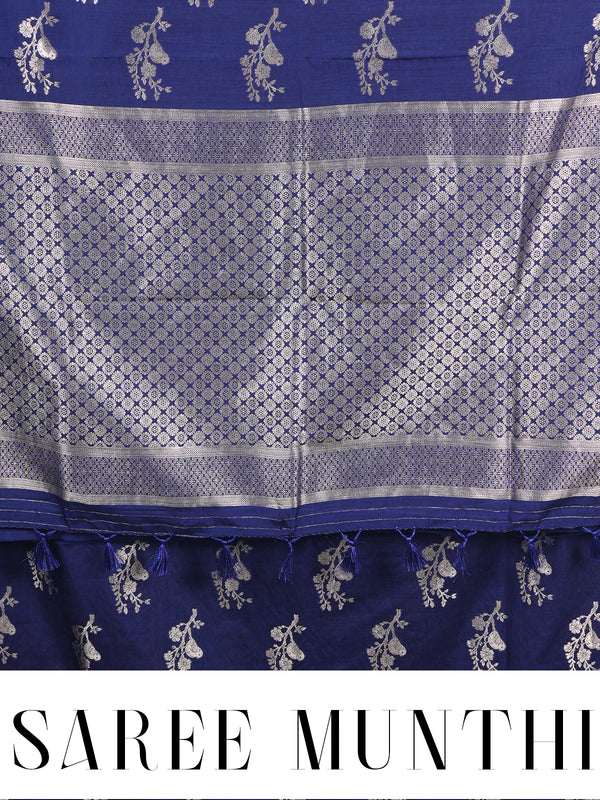 Navy Blue with Silver - Semi Tussar Saree