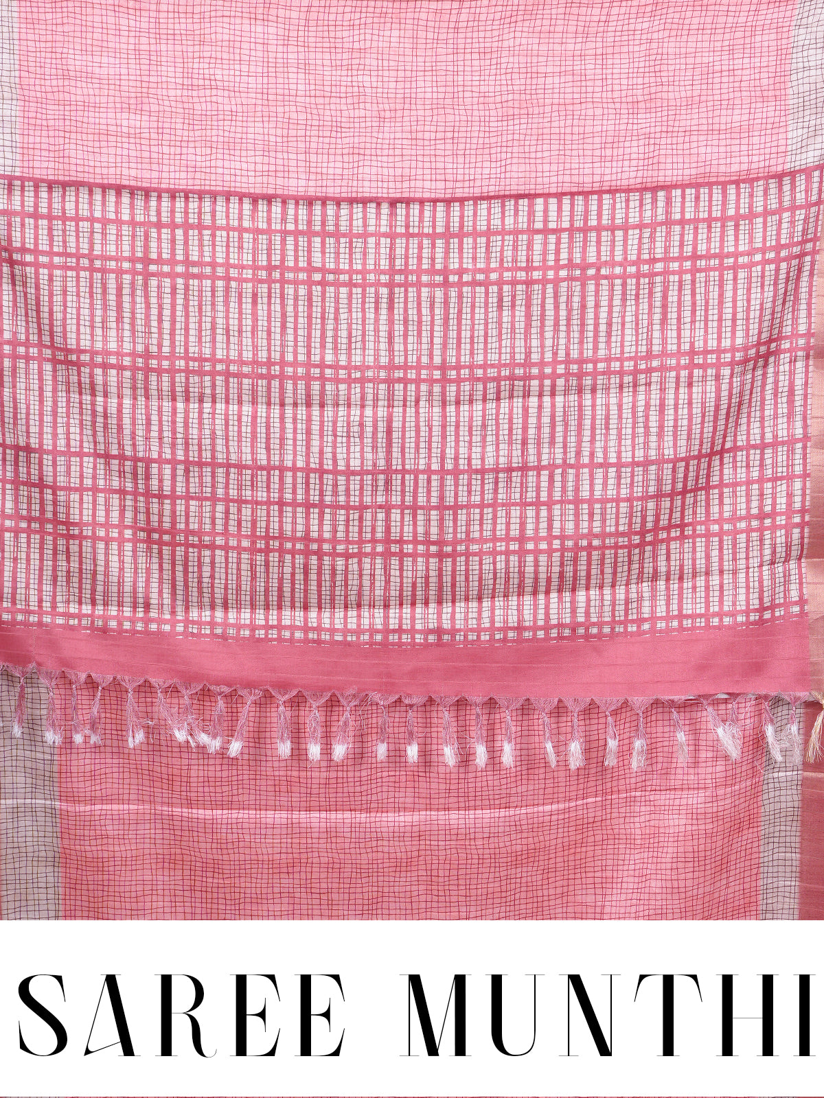 Pink and Off-White Grid Dola Silk Saree