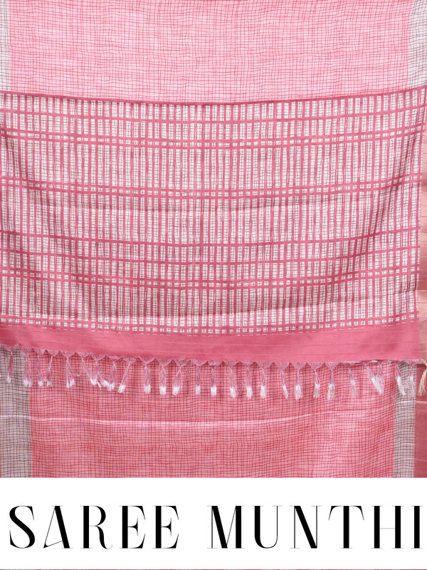 Pink and Off-White Grid Dola Silk Saree