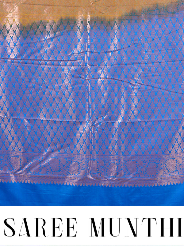 Splendid Honey Mustard and Cerulean Blue Kanjivaram Silk Saree