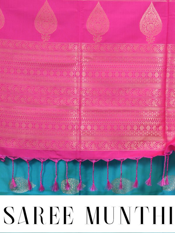 Rama Green With Pink Semi Silk Saree
