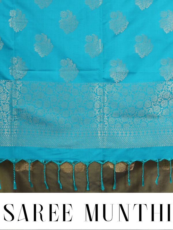 Olive Green With Blue Semi Silk Saree