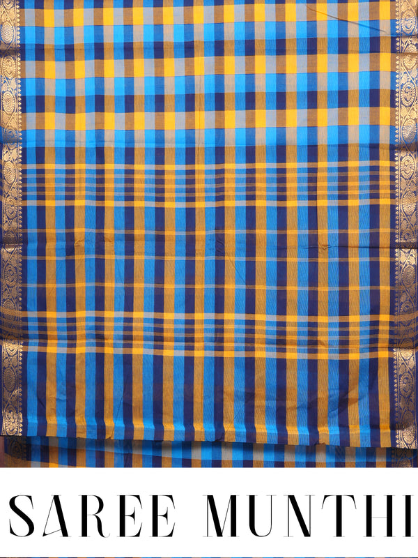 Blue and Yellow with Ink Blue Munthi Chettinad Cotton Saree