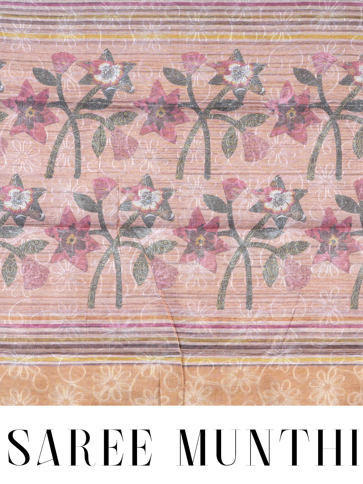 Beige and Multicolor Stripes with Peach Floral Pallu - Linen Cotton Saree