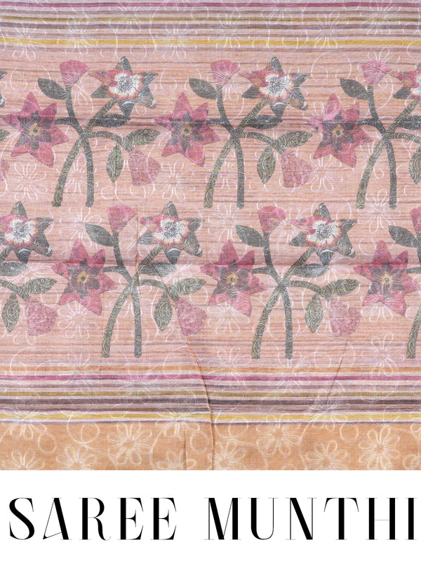Beige and Multicolor Stripes with Peach Floral Pallu - Linen Cotton Saree