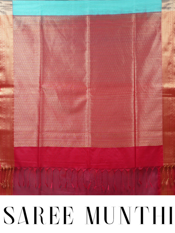 Aqua Blue and Crimson Red Silk Cotton Saree