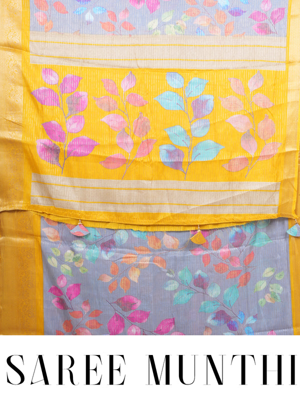Grey with Yellow - Semi Raw Silk Saree