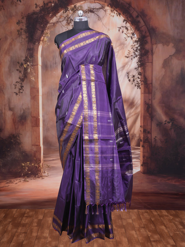 Dark Voilet With Golden Yellow Semi Silk Saree