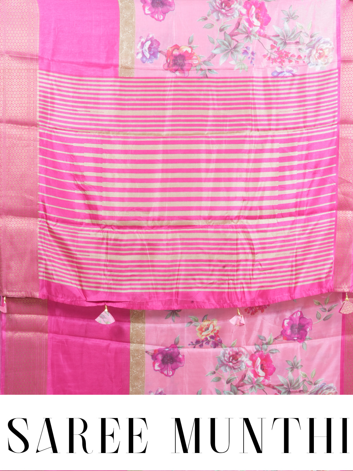 Light Pink Floral Printed Saree with Dark Pink Zari Pallu - Semi Raw Silk Saree