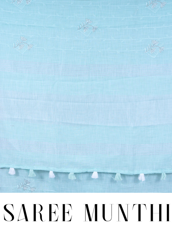 Sky Blue with Silver White Pallu - Linen Cotton Saree
