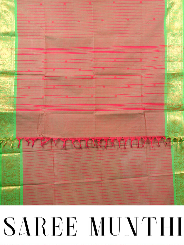 Sandalwood Brown and Parrot Green Chettinad Cotton Saree
