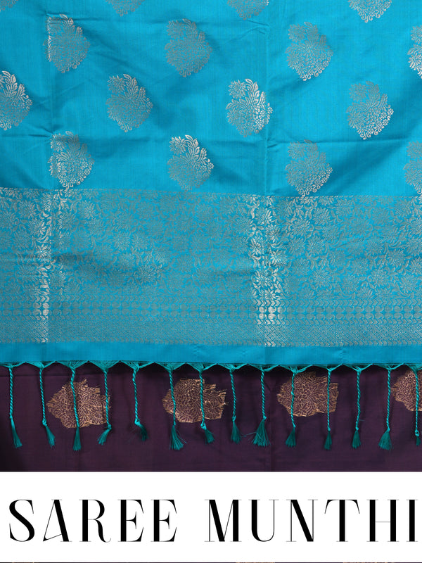 Deep Maroon With Blue Semi Silk Saree
