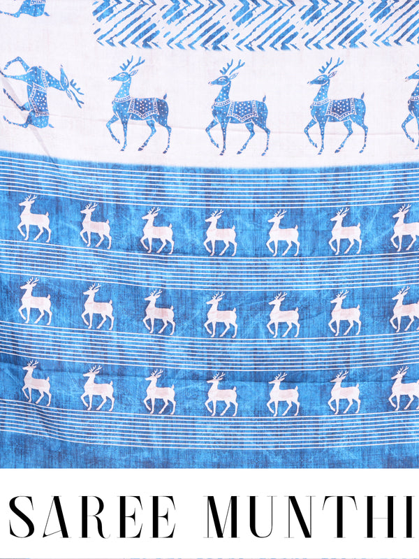 White with Blue Pallu - Semi Tussar Saree