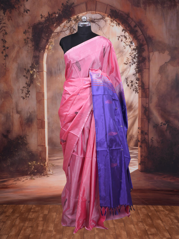 Baby Pink With Purple Semi Silk Saree