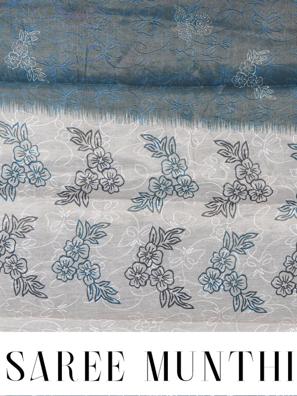 Peacock Blue with Cream - Linen Cotton Saree