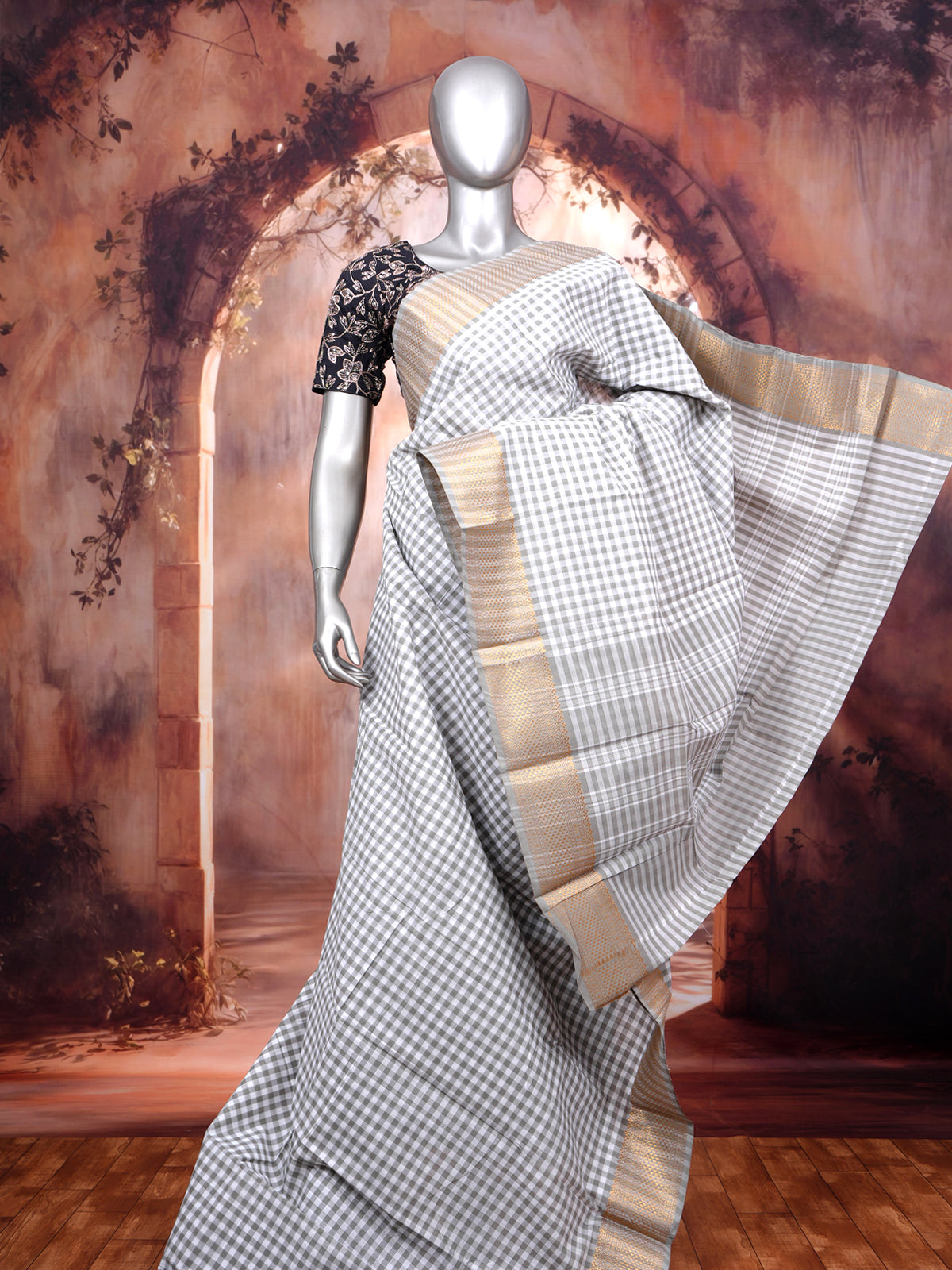 Grey and Off-White Chettinad Cotton Saree