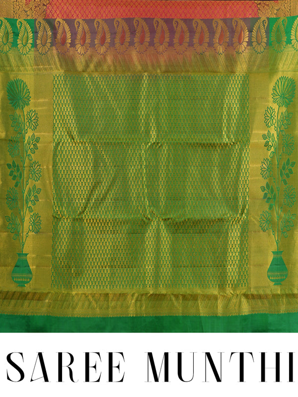Crimson Pink and Parrot Green Kanchipuram Silk Saree