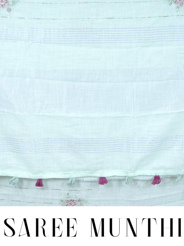 Mint Green with Light Silver Pallu - Linen Cotton Saree